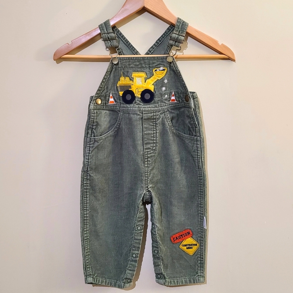 Vintage Vitamins Kids Construction Truck Corduroy Overalls Sage Olive Green 18M